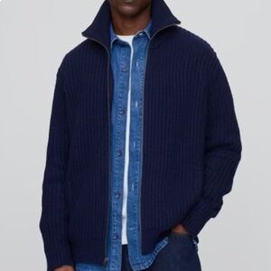 Men’s Express Full Zip Standing Collar Navy Linen Cotton Blend Sweater Jacket